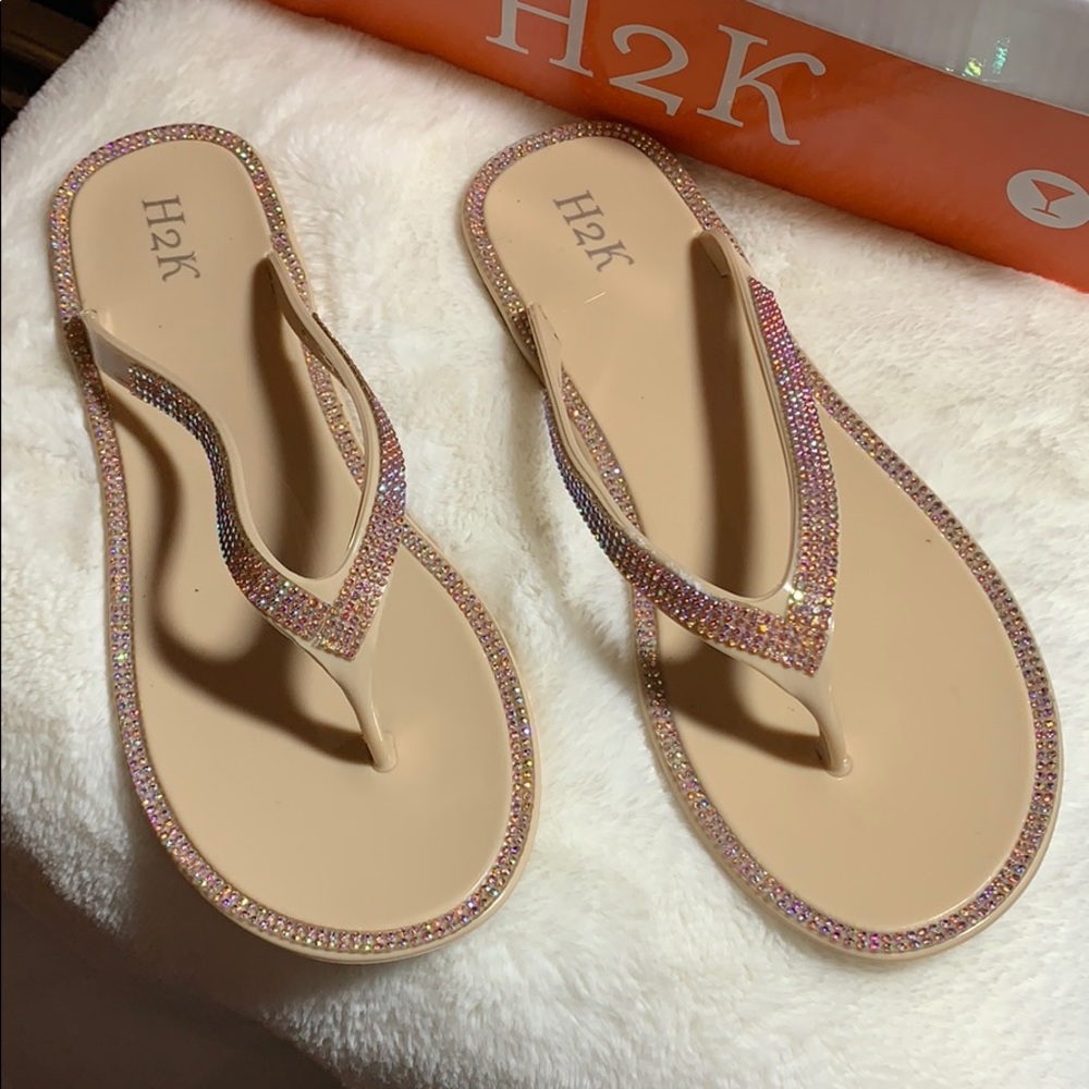 New in Box H2K Nude Flip Flops with Bling, 7